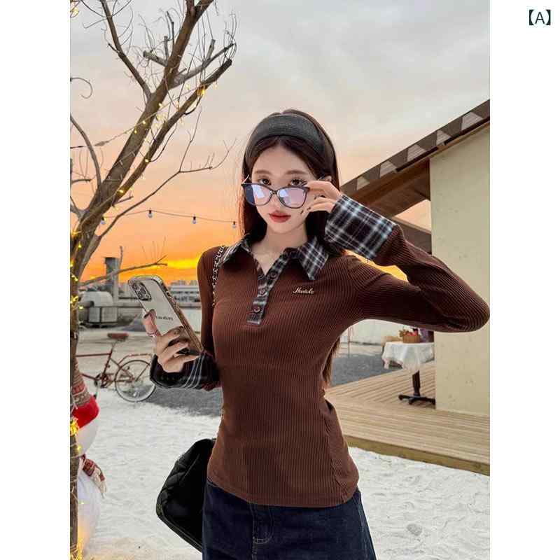 Tシャツ レディース 秋冬 韓国風 レトロ 格子柄 POLOネック トップス 長袖 スリム ポリエステル ブラウン レッド 普段使い リラックス 快適