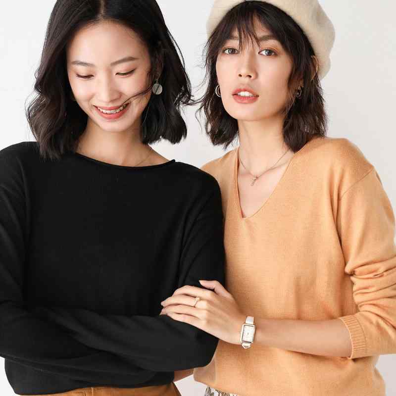 ニット レディース インナー 長袖 トップス 薄手 ゆったり ラウンドネック Vネック アクリル 綿 無地 ホワイト ブラック ミントグリーン ピンク 黄色 ベージュ 秋 香り 黄 霞 ブルー 錆色 レッド パープル