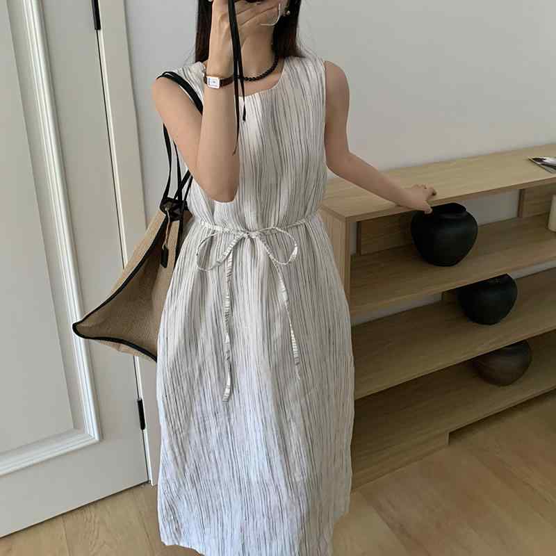 ワンピース レディース 韓国風 リネン Aライン ノースリーブ ロング丈 ストライプ ゆったり 普段使い 通勤 リゾート 20代 30代 40代 春夏 ホワイト ブラック