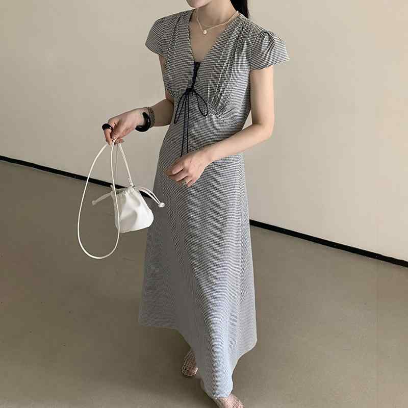 ワンピース レディース 春夏 韓国風 レトロ 膝下 Vネック 格子柄 Aライン 半袖 高見え おしゃれ かわいい ゆったり 高腰 接触冷感 通勤 普段使い