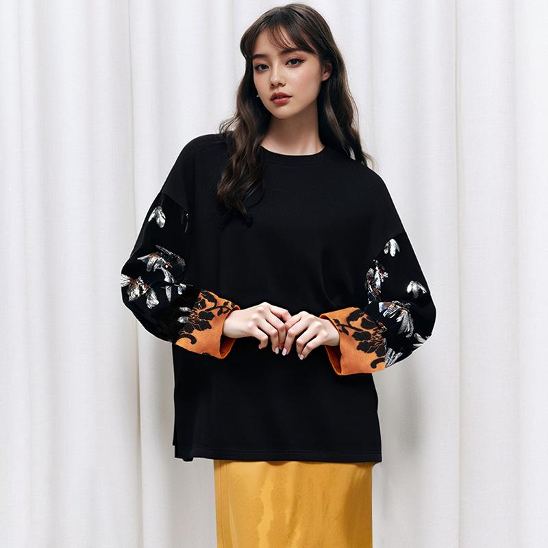 Tシャツ レディース チャイナ風 トップス 秋冬 長袖 ラウンドネック 刺繍 ゆったり コットン モダール 普段使い レトロ ブラック｜イーマイショップ