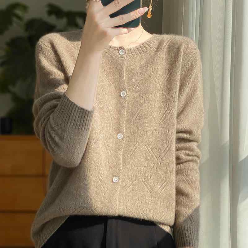 ニット カーディガン レディース 秋冬 長袖 ラウンドネック 幾何学柄 ゆったり ゆるかわ カジュアル 普段使い リラックス ウェア 麦芽グリーン アイボリー キャメル ピンク系 オレンジ レッド パープル