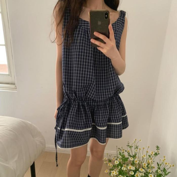 ワンピース レディース 春夏 格子柄 ノースリーブ 膝丈 ミディアム丈 POLO襟 かわいい 韓国風 ファッション 快適 普段使い 部屋着