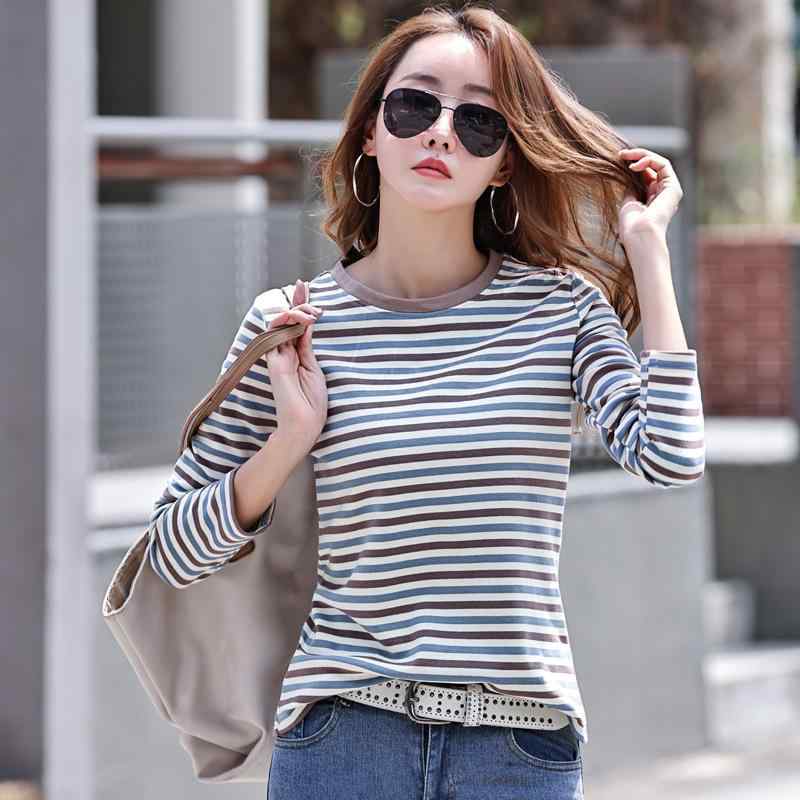 Tシャツ レディース 秋冬 長袖 ラウンドネック ボーダー柄 カットソー トップス 厚手 コットン混紡 カジュアル 修身 3XL ゆったり 普段使い デイリー 部屋着 グリーン系 レッド系 ブルー系 コーヒー系