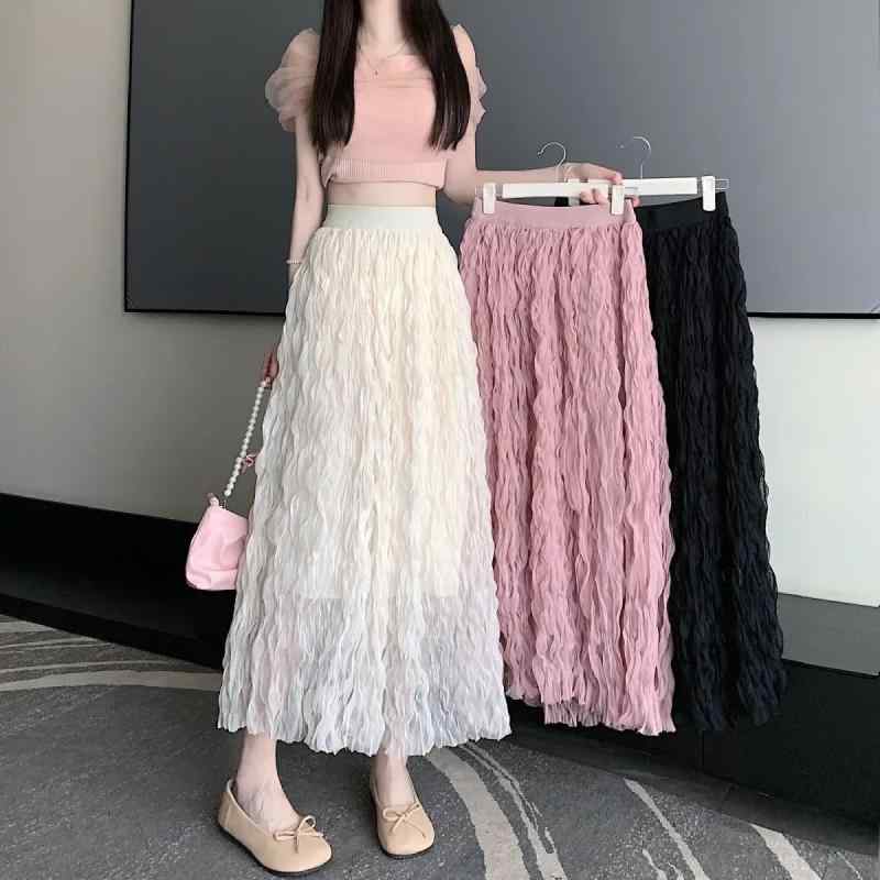 スカート レディース 春夏 メッシュ Aラインスカート ロングスカート 杏色 ピンク系 黒 ギャザースカート フレアスカート 高見え フェミニン きれいめ 上品 普段使い