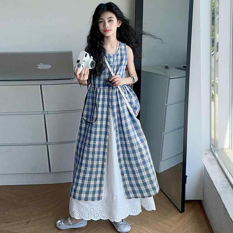ワンピース 女の子 夏 格子柄 ノースリーブ スカート セットアップ リゾート かわいい 薄手 子供服 120cm 130cm 140cm 150cm 160cm 170cm