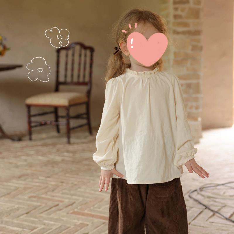 子供服 シャツ 春秋 長袖 綿 花柄襟 ブラウス ガールズ ベビー トップス 女の子 キッズ 80 90 100 110 120 130 140 ベージュ かわいい 普段使い