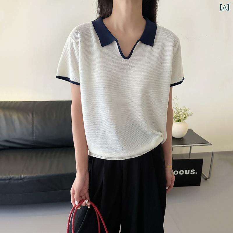 Tシャツ レディース 半袖 襟付き 再生繊維 ニット 薄手 ゆったり 配色 ミント ホワイト グレー ネイビー 通勤着 普段使い