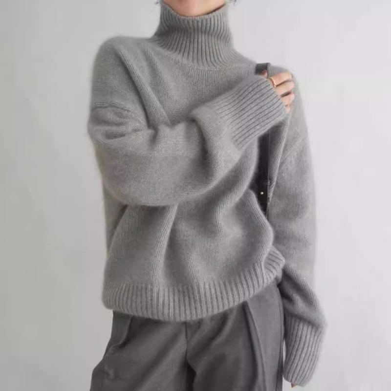 ニット レディース 高襟 セーター 秋冬 プルオーバー ゆったり 厚手 あったか トップス 暖かい カットソー 長袖 無地 カジュアル かわいい 普段使い 部屋着 カフェオレ色