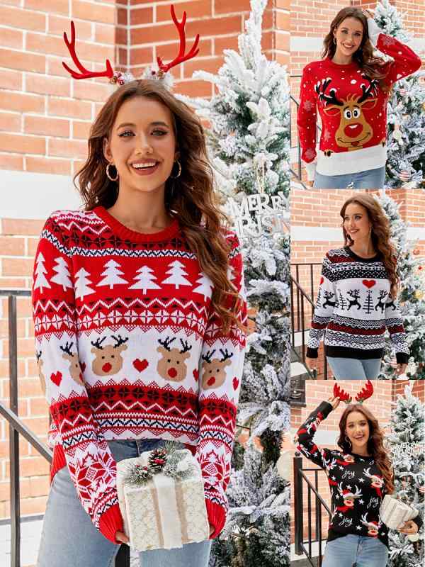ニット レディース クリスマス ニット セーター ゆったり かわいい アクリル 動物柄 クルーネック 長袖 提花 秋冬 普段使い 快適 暖か
