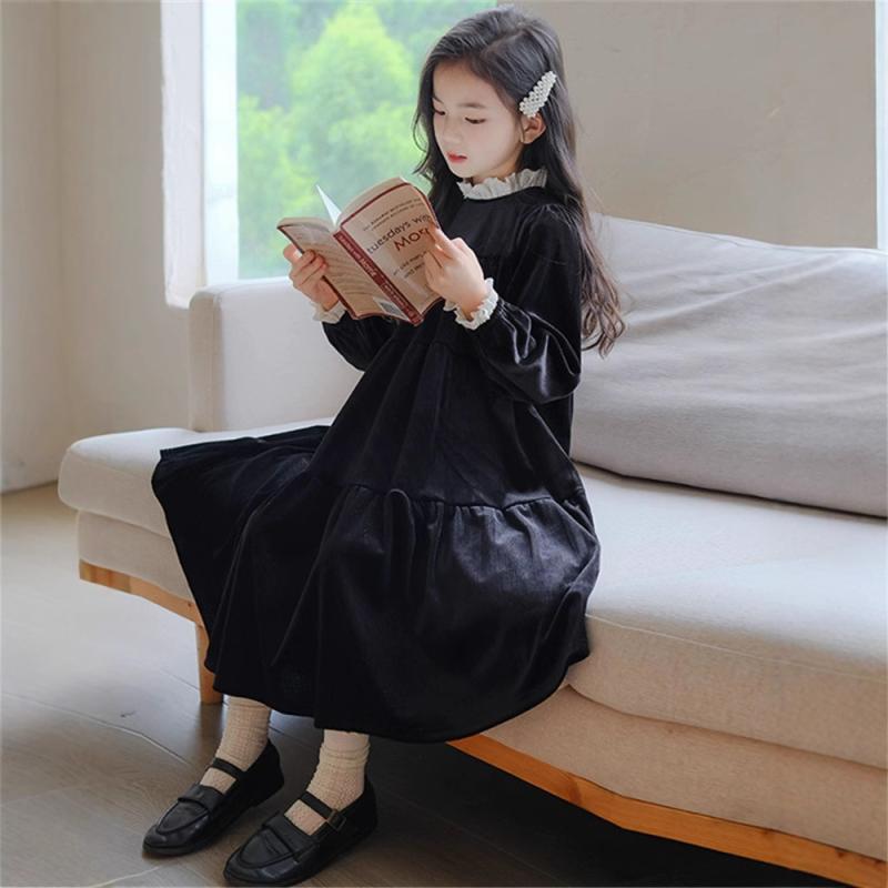 ワンピース ガールズ 子供服 ブラック ベルベット 長袖 膝丈 フリル 秋冬 かわいい きれいめ 上品 発表会 演奏会