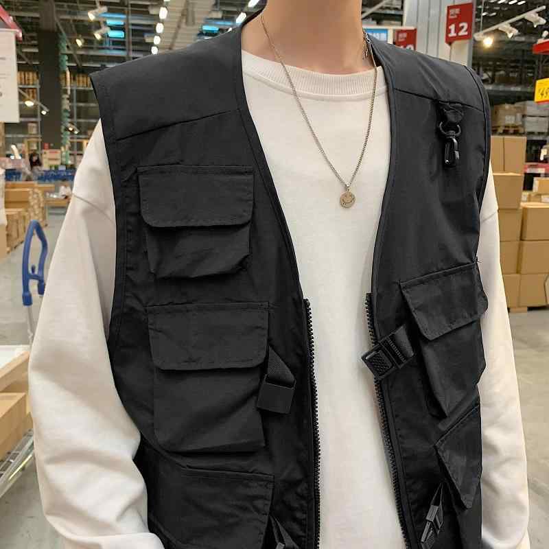 ベスト 男性用 ワークベスト ヒップホップ ストリート系 無地 ポリエステル ブラック M L XL 2XL 3XL 春秋