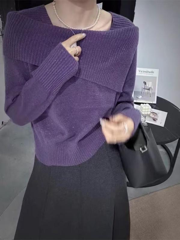 ニット レディース 羊毛 トップス POLOネック プルオーバー ゆったり 長袖 無地 紫 グレー ピンク系 ベージュ ワインレッド ブルー フリーサイズ 私服 清楚 デート 秋冬