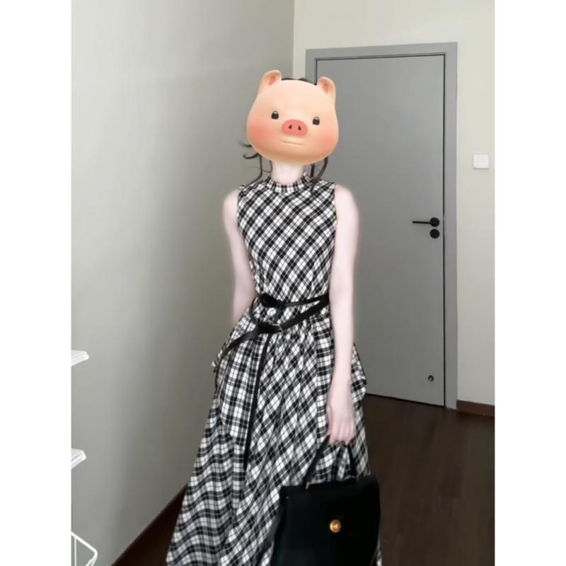 ワンピース レディース 格子柄 Aライン ノースリーブ 高腰 通勤 オフィス カジュアル きれいめ 上品 エレガント ロングワンピース