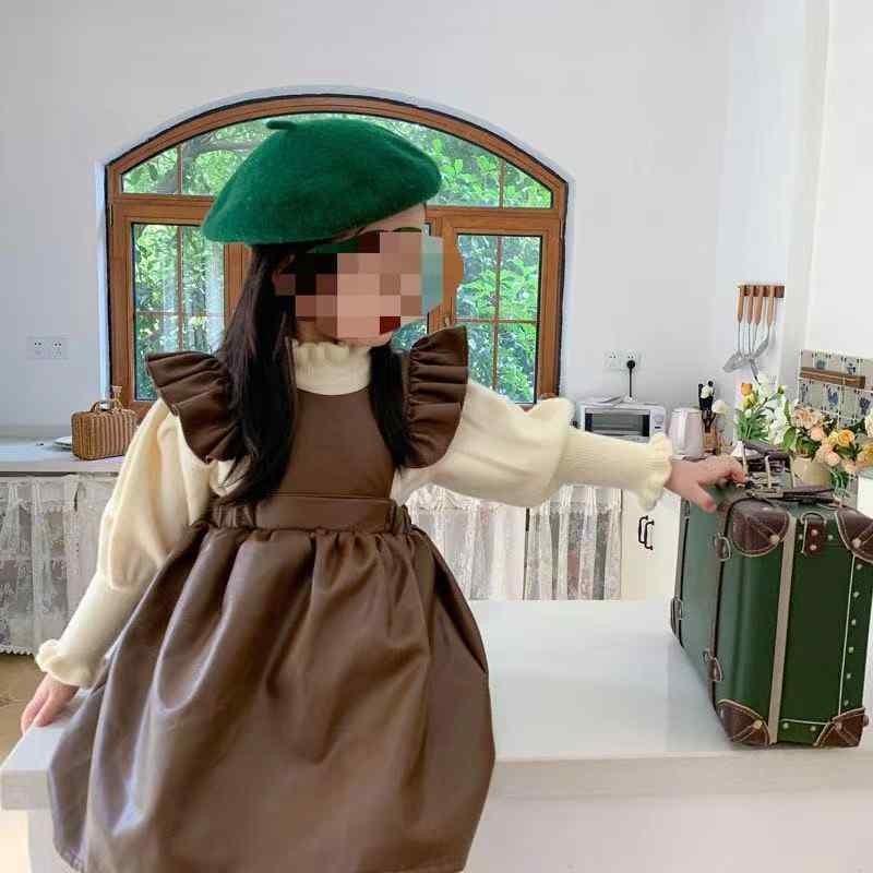 ワンピース 女の子 秋冬 背ベルト付き 荷葉 ギャザー ノースリーブ PUレザースカート 無地 Aライン かわいい おしゃれ ガールズ 子供服 普段着