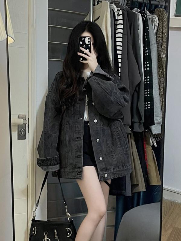 デニムジャケット レディース ゆったり BF風 黒グレー 春秋 小柄 普段使い デニム アウター ドロップショルダー 長袖 ポロ襟