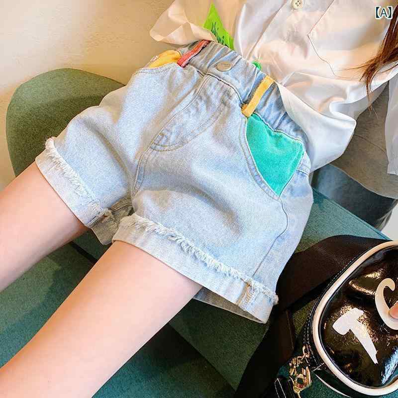 女児 デニム ショートパンツ 女の子 子供 夏 春夏 ピッタリ 薄手 綿 素材 柔軟 加工 切り替え デザイン ハイウエスト 透気性 快適 普段使い 遊び着 軽量 伸縮性 ブルー カラー ビッグシルエット
