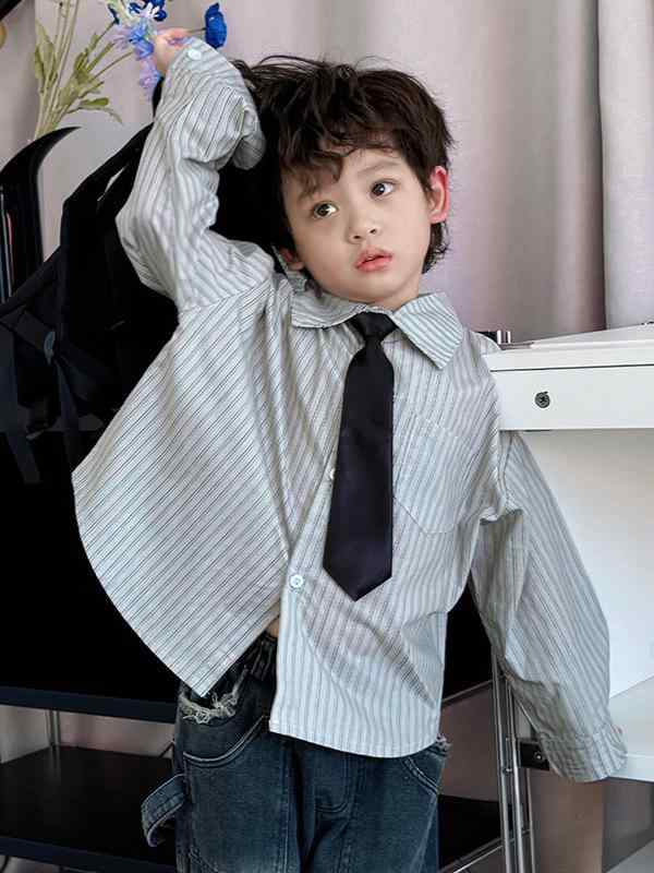 シャツ 男の子 長袖 ストライプ コットン 混紡 春秋 韓国風 襟付き トップス 子供服 普段着 おしゃれ着 かわいい モノトーン