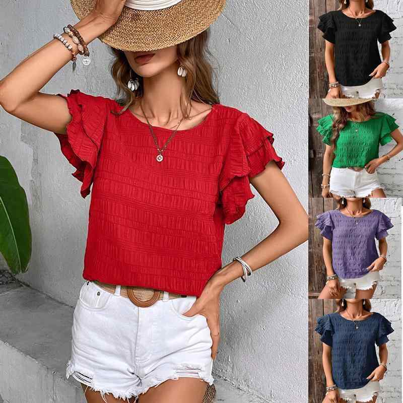 Tシャツ 女性用 夏 短袖 プチプチ加工 荷葉袖 丸首 セットイン 気品 涼しい ポリエステル 黒 海ブルー 赤 緑 紫 通勤 普段使い カジュアル 快適 レジャー 軽量 伸縮性 吸湿速乾 ストリートスタイル
