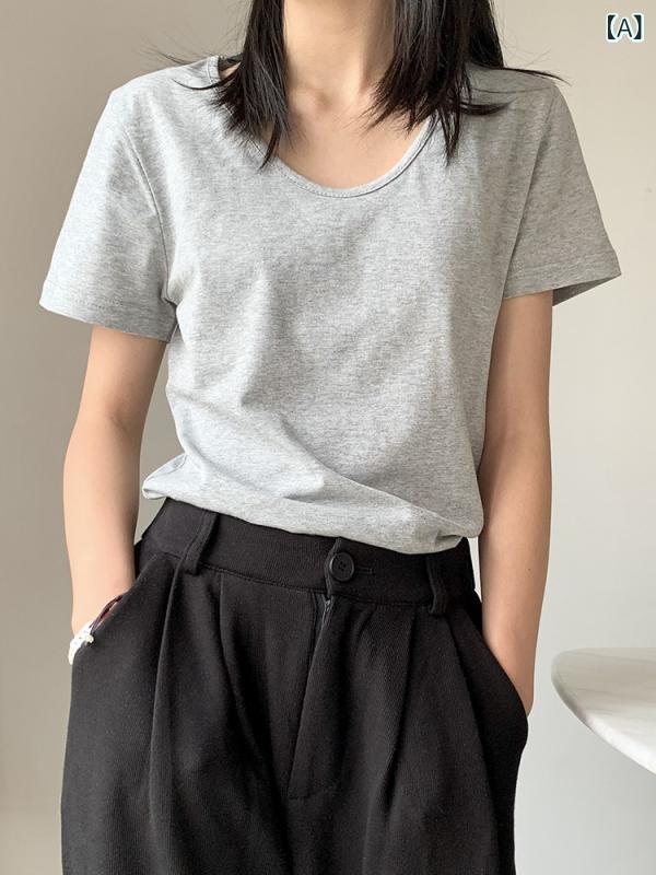 Tシャツ レディース Vネック 半袖 トップス 薄手 無地 シンプル インナー 鎖骨見せ デザイン カットソー 韓国風 スタイル スリム タイト 着痩せ カジュアル 春夏 グレー ホワイト ベージュ