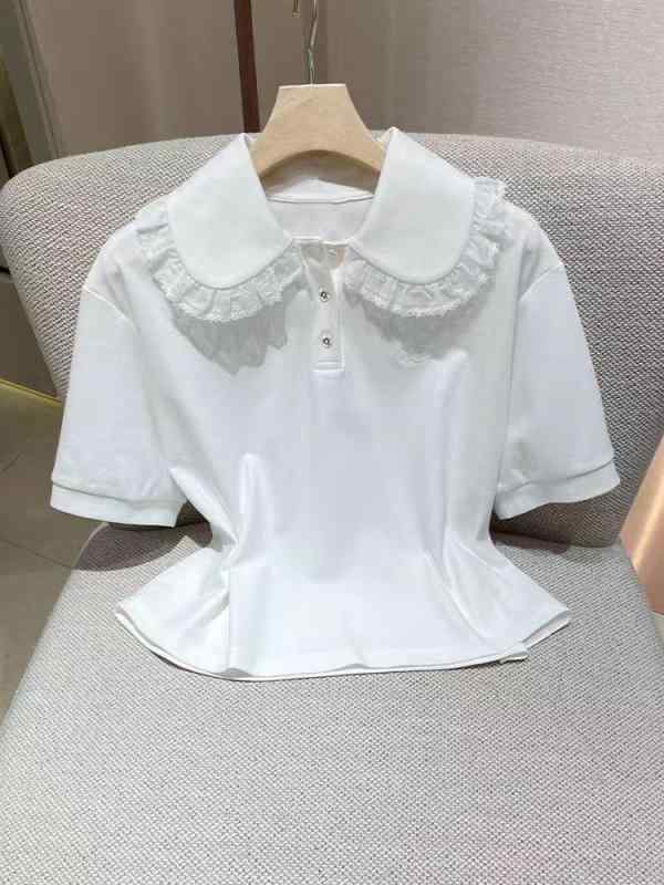 Tシャツ レディース 半袖 レース 切り替え 襟付き トップス 白 カットソー ゆったり 普段使い かわいい ポリエステル｜イーマイショップ