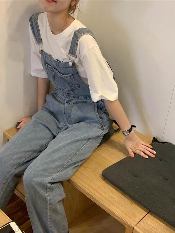 レディース デニム 背広 吊りズボン 春夏 復古 ゆったり ワイドレッグ ロングパンツ ワークウェア カジュアル スリム ワンピース タイプ コットン 素材 ハイウエスト ポケット デザイン ライトブルー ミッドブルー 通勤 スタイル ストレート レッグ