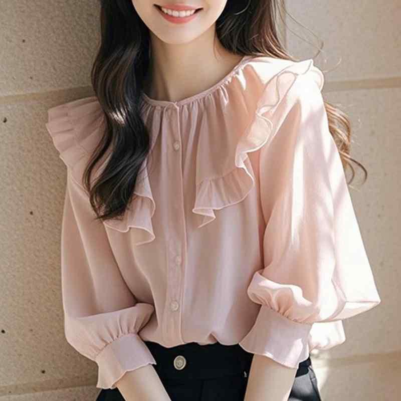 シャツ 女性用 ピンク 荷叶? 長袖 直筒型 掛・岑 気質通勤 都市風 ポリエステル 再生繊維 軽量 伸縮性 吸湿速乾 春夏 普段使い オフィス かわいい シンプル トップス ブラウス フレア袖 普通丈 単排ボタン 気質 優雅 クロスボーダー 欧米向け 東