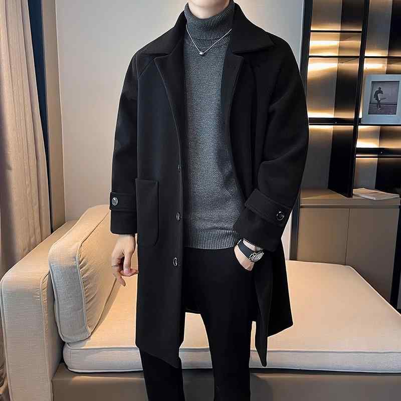 厚地の外套 メンズ 成人男性用 羊毛厚地の外套 ひざ丈 アウター スプリングコート 黒いこと 黒 焦げ茶色 無地 普段使い