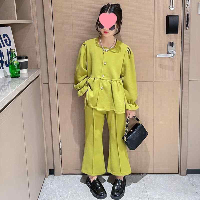 キッズ 男の子 春秋 長袖 フリル ジャケット 喇叭パンツ セット 緑 灰 薄手 ポリエステル 混紡 純色 スポーツ スタイル 潮 カジュアル 普段使い 通学 伸縮性 快適 動きやすい 軽量 コットンライク 柔らかい 生地 シンプル デザイン ユニセック