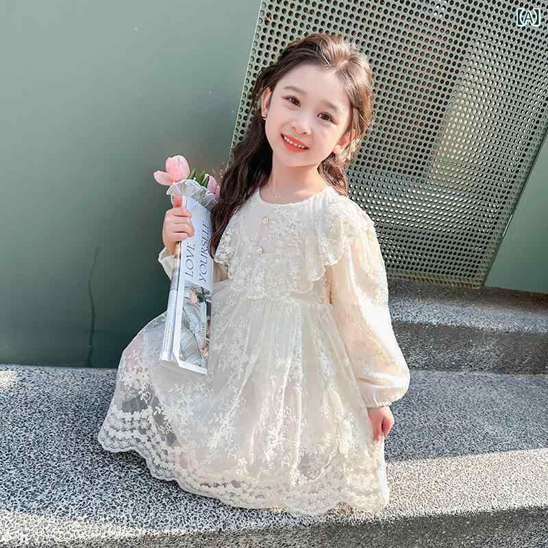 女児 連衣裙 女の子用 プリンセススカート 秋冬 春秋 ミドルチルドレン 3～8歳 100～140cm 花柄 Aライン 長袖 かわいい 化繊 ポリエステル 綿ライニング 米色 花柄プリント フラワー柄 ロリータ風 ガーリー 日常着 学校用 軽量 伸縮性