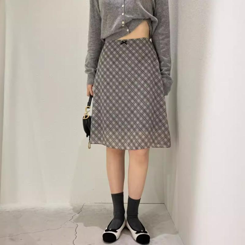 スカート レディース 春夏 Aライン 格子柄 シフォン ミモレ丈 膝下丈 蝶結び付き おしゃれ かわいい フェミニン レトロ お出かけ デート