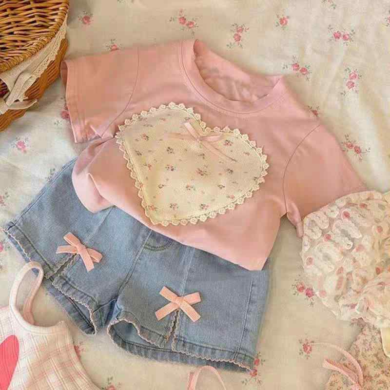 子供用 半袖 デニム ショートパンツ セットアップ 女の子 夏服 かわいい 蝶結び ピンク トップス パンツ 上下 2点 セット 普段着 おしゃれ ガールズ 女児 幼児 ベビー 春夏