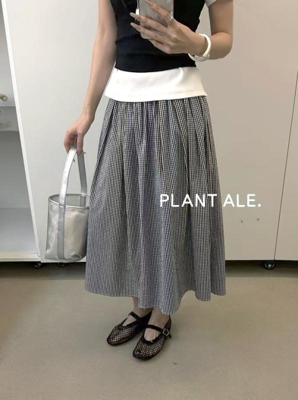 スカート レディース 韓国風 小花柄 レース コットン ギンガムチェック ミディスカート 膝丈 普段使い ブルー系 ブラック系