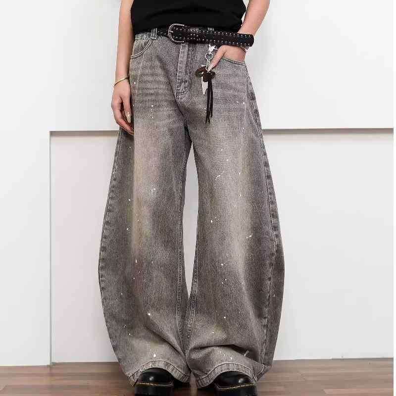 レディース ワイドパンツ デニム ロング ハイウエスト ヴィンテージ加工 クロスモチーフ グラフィックプリント スリム効果 秋冬 グレー 街頭スタイル 洗い加工 伸縮性 軽量 通勤 普段使い カジュアル 再生デニム