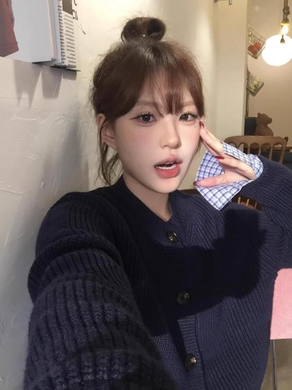 ニット カーディガン レディース 韓国風 レイヤード風 トップス 藏青色 長袖 ラウンドネック ゆったり 厚手 秋冬 日韓 カジュアル かわいい