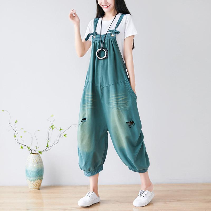 サロペット レディース 大きいサイズ 水洗い加工 デニム ダメージ加工 ストレートパンツ パンツ 春夏 イエロー グリーン パープル 綿
