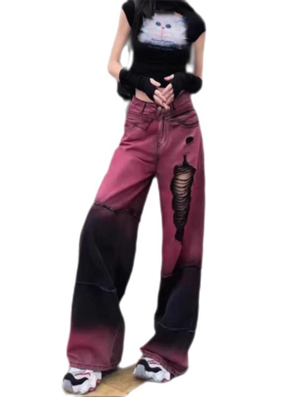 ジーンズ レディース 大きいサイズ ダメージ加工 デニム ワイドレッグ ストレート ゆったり ハイウエスト パンツ 酒紅色