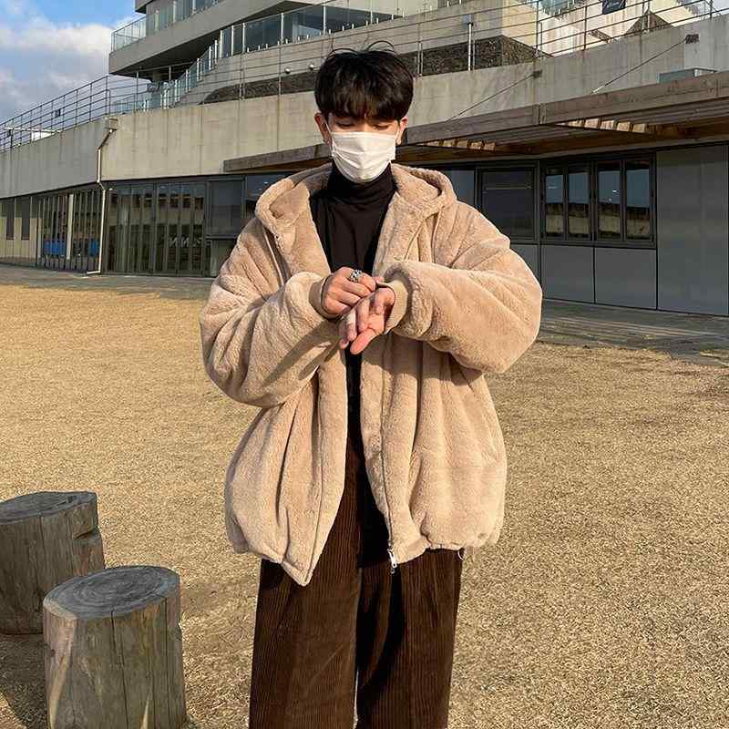 綿入り口・入口上衣 成人男性用 韓国風 ゆったり ボンネット付き添い人 防寒 アウター 大? ポリエステル 冬 カーキ色 黒いこと