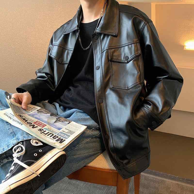 ジャケット 男性用 PUレザー 春秋 ブルゾン 韓国風 カジュアル バイク ウェア 襟付き シングルブレスト ブラック M L XL 2XL 3XL