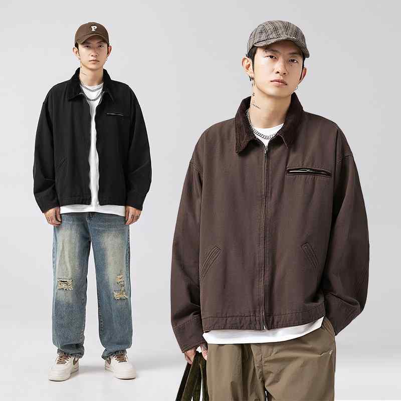 ジャケット メンズ 男性用 デトロイトジャケット ウォッシュ加工 ダメージ加工 コーデュロイ 切り替え 襟付き アウター カジュアル ゆったり ブラック 黒 ブラウン 茶色