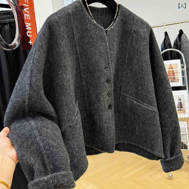 厚地の外套 レディース 秋冬 韓国風 丸首 ダブル人間の顔 羊毛 アウター 小っちゃい 遊撃手丈 絨毛 深薄墨色 ゆったり 通い
