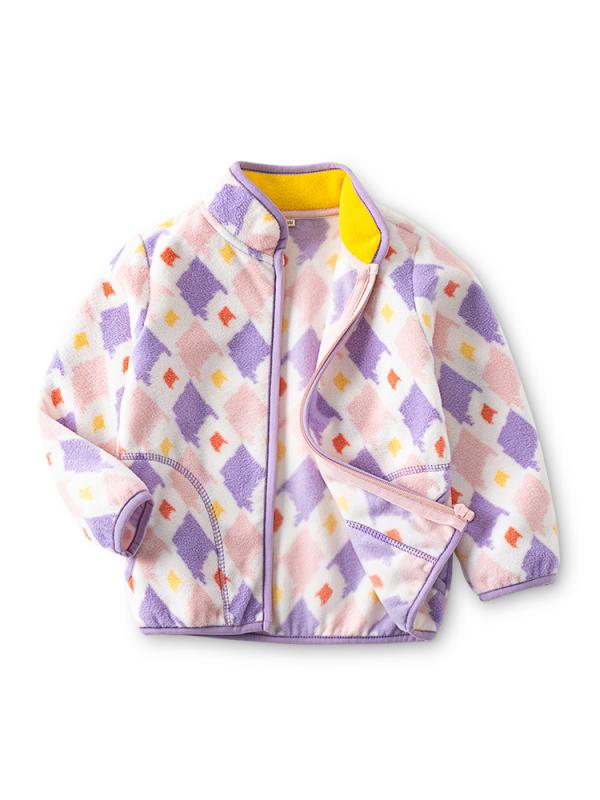 子供服 ジャケット 女の子 アウター 秋冬 立襟 フリース 菱形柄 チェック柄 防寒 普段使い ショート丈 90 100 110 120 130 140 150 ピンク系 パープル系