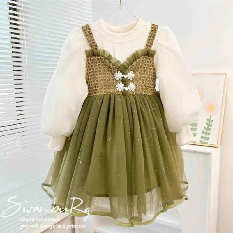 ワンピース 子供服 女の子 春秋 ジャンパースカート風 2点セット プリンセススタイル 膝丈 発表会 お出かけ着 かわいい 長袖 普段着 ポリエステル グリーン 90 100 110 120 130 140 150