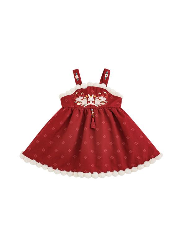 ワンピース キッズ 中華風 子供服 背付きスカート 冬 古風 刺繍 ベルベット A類 3歳 4歳 5歳 6歳 7歳 8歳 90cm 100cm 110cm 120cm 130cm 140cm 深紅色｜イーマイショップ