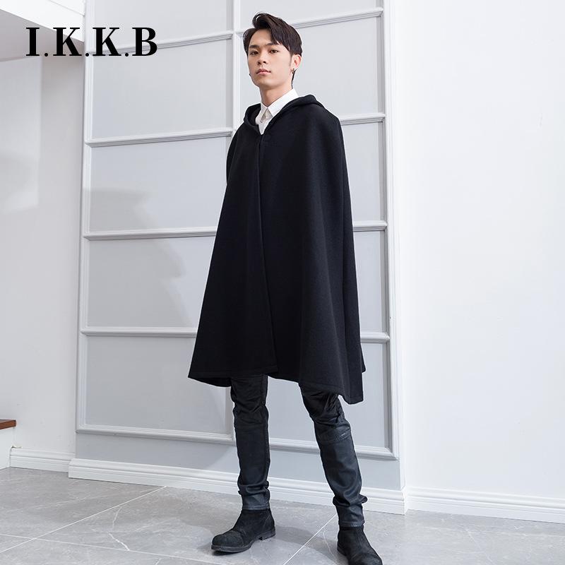 コート メンズ 男性用 ウール 混紡 ゆったり 韓国 ファッション マント フード付き ケープ アウター 秋冬 ブラック 無地