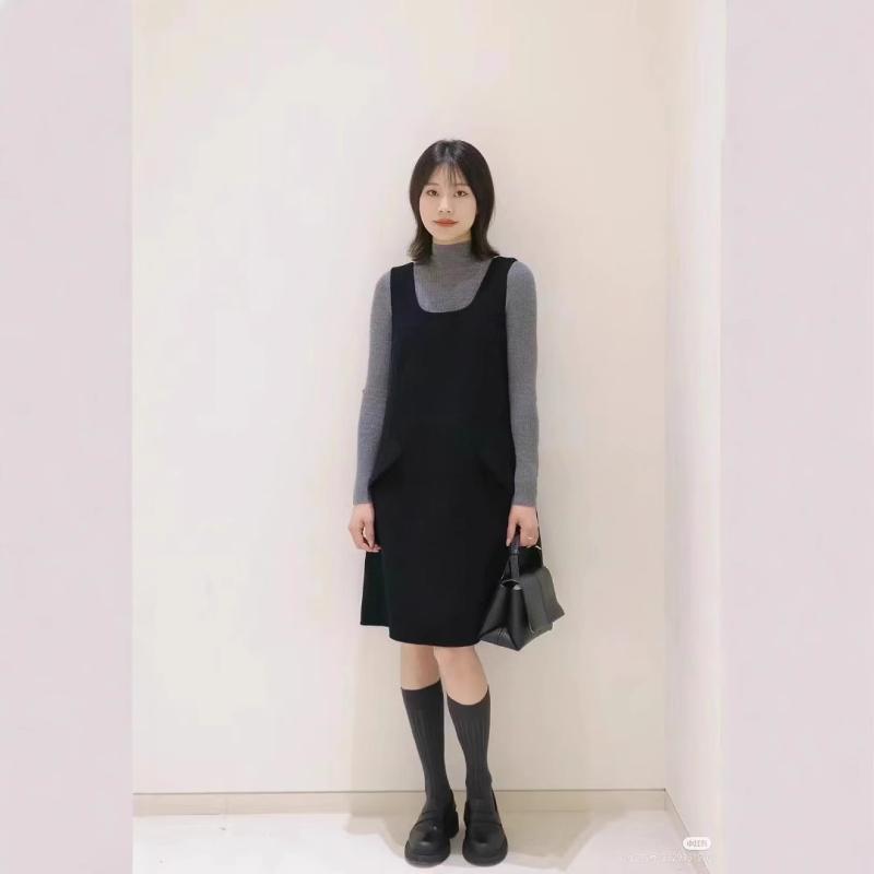 ワンピース レディース 秋冬 黒 Aライン 無袖 ベストワンピース ウール 膝丈 ミディ丈 重ね着 レイヤード きれいめ 通勤｜イーマイショップ