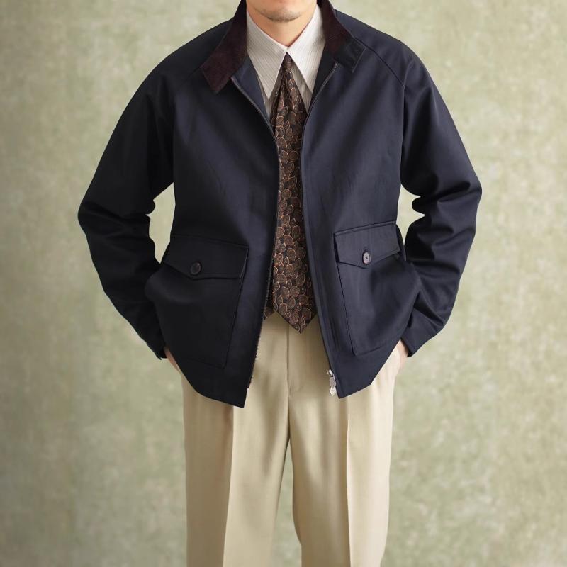 ジャケット 男性用 秋冬 ブルゾン レトロ 耐摩耗 立襟 コットン アウター カジュアル 普段使い 長袖 深青色 ライトカーキ