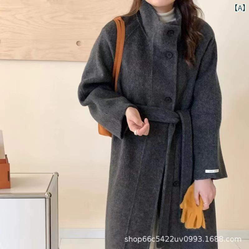 コート レディース 秋冬 ウール ロング丈 立襟 シングルブレスト 韓国風 ゆったり 厚手 通勤 羊毛 アウター 無地 ポケット付き ブラック ブラウン ベージュ
