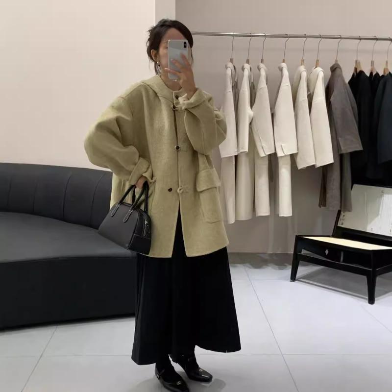 コート レディース 秋冬 人字柄 連帽 羊毛 アウター ゆったり カジュアル 韓国風 ミドル丈