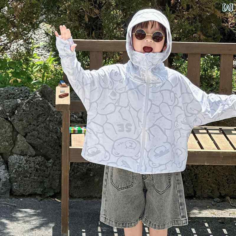 アウター キッズ 男の子 薄手パーカー ラッシュガード 接触冷感 通気性 日焼け止め 小熊柄 フード付き ポリエステル グレー